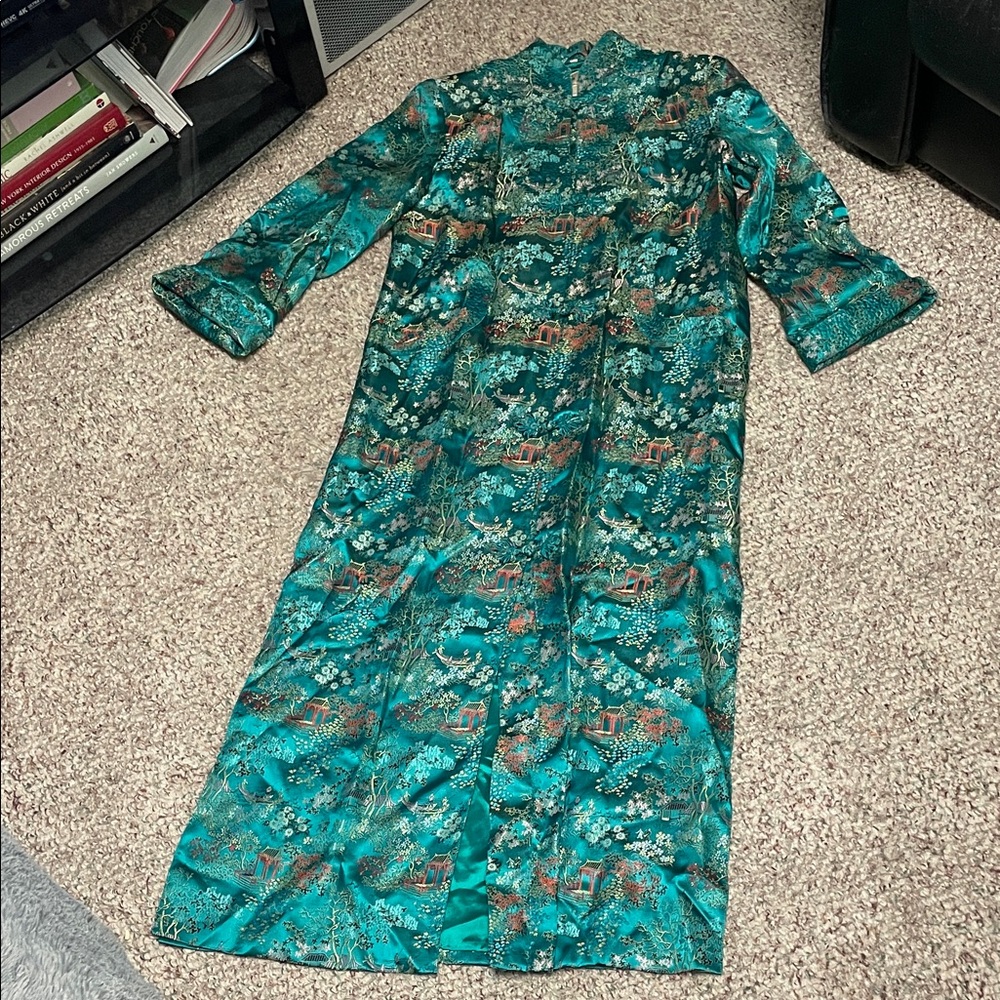 Vintage Teal & Multicolor Brocade Long Coat